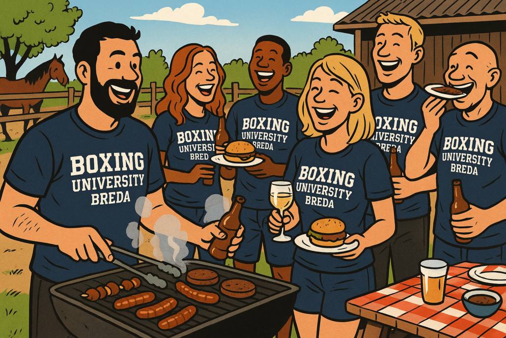 Illustratie van leden van Boxing University Breda die samen genieten van een barbecue. Het team draagt donkerblauwe shirts met het clublogo, terwijl ze lachen, eten en drinken bij de start van het nieuwe seizoen.