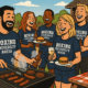 Illustratie van leden van Boxing University Breda die samen genieten van een barbecue. Het team draagt donkerblauwe shirts met het clublogo, terwijl ze lachen, eten en drinken bij de start van het nieuwe seizoen.