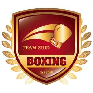 Logo van Team Zuid Boxing University Breda, met een gouden bokshandschoen, rode en gouden kleuren, en de tekst ‘Team Zuid Boxing, Est 2020’