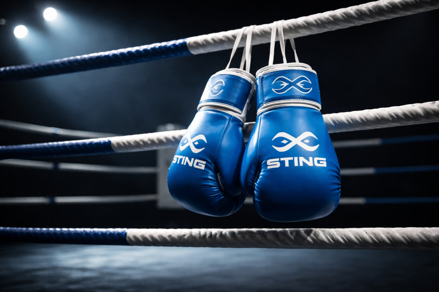 Bokshandschoenen hangen aan de boksringtouwen van de olympische wedstrijd boksring voor het boksgala van Boxing University Breda